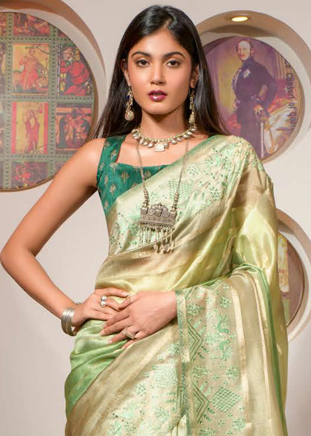 Shades Of Green Digital Printed Kora Silk Saree with Embroidery work on Border