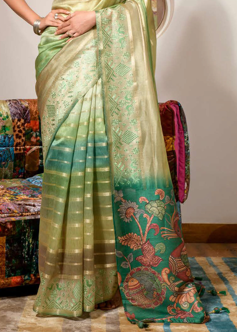 Shades Of Green Digital Printed Kora Silk Saree with Embroidery work on Border