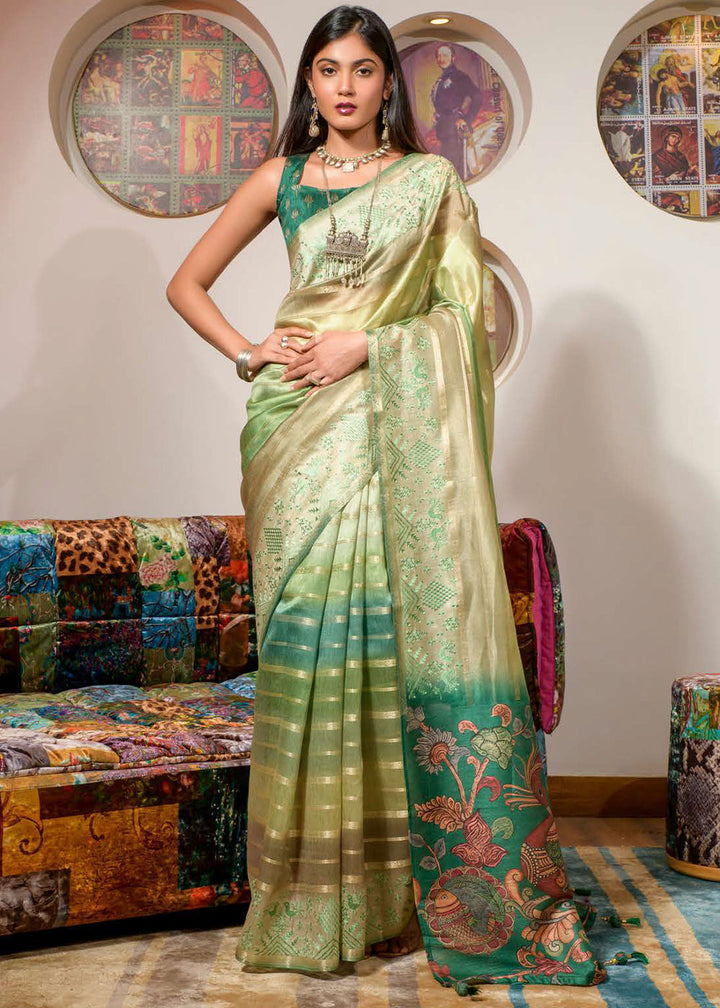 Shades Of Green Digital Printed Kora Silk Saree with Embroidery work on Border