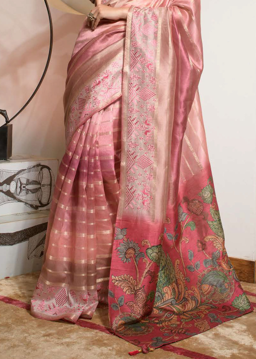 Shades Of Pink Digital Printed Kora Silk Saree with Embroidery work on Border