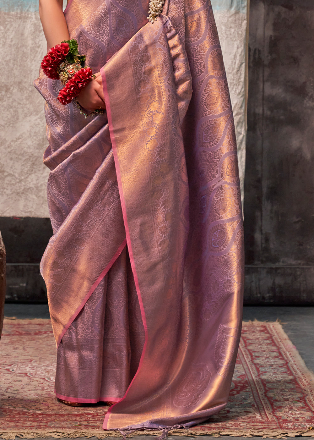 Rich Purple Two Tone Kanjivaram Silk Saree Embellished with Intricate Gold Zari work