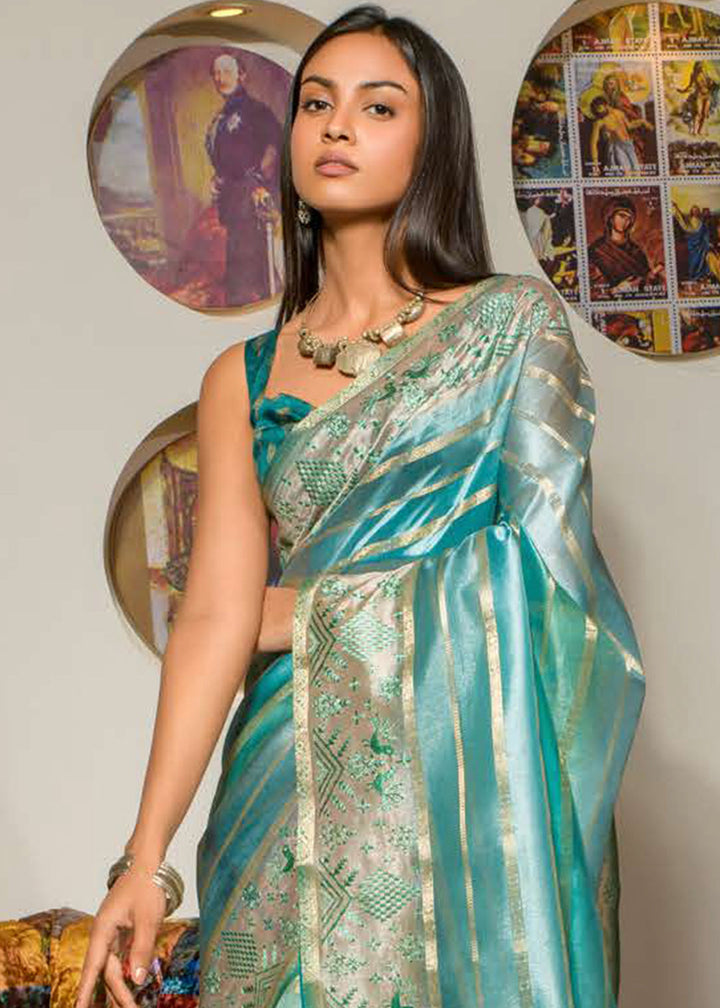 Shades Of Blue Digital Printed Kora Silk Saree with Embroidery work on Border