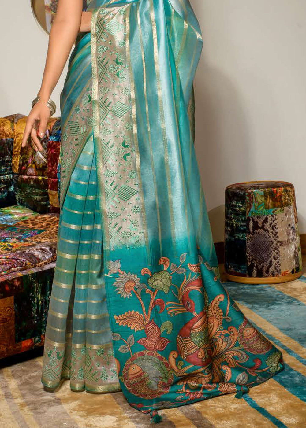 Shades Of Blue Digital Printed Kora Silk Saree with Embroidery work on Border