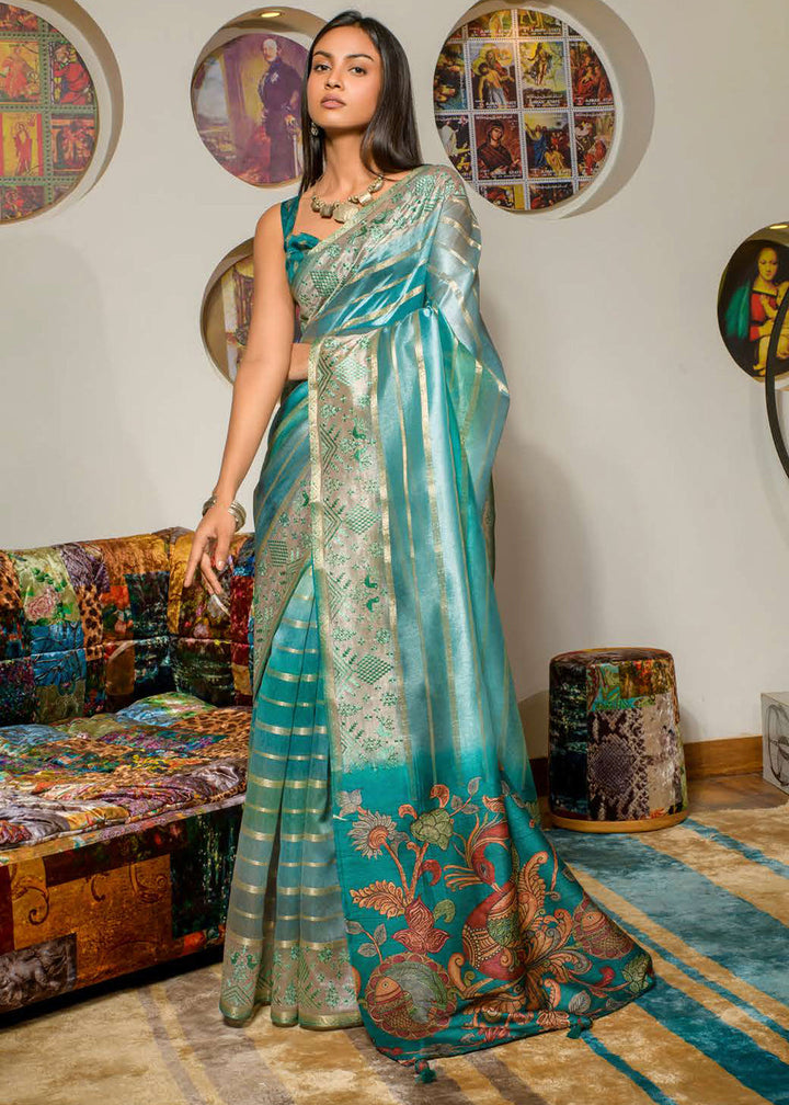 Shades Of Blue Digital Printed Kora Silk Saree with Embroidery work on Border