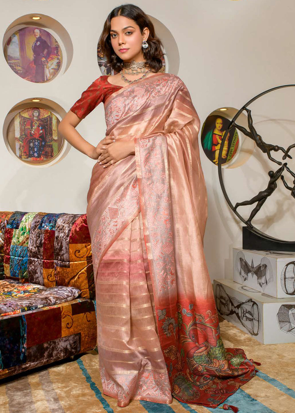 Light Peach Pink Digital Printed Kora Silk Saree with Embroidery work on Border