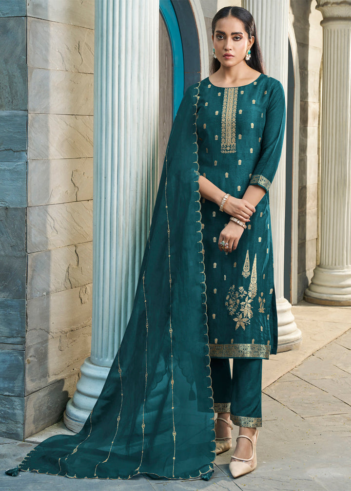 Dark Teal Green Dola Silk Kurta. Paired with Santoon Straight Pants and Organza Dupatta