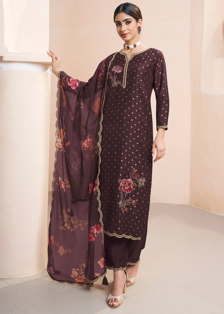 Seal Brown Dola Silk Kurta . Paired with Santoon Straight Pants and Organza Scalloped Dupatta