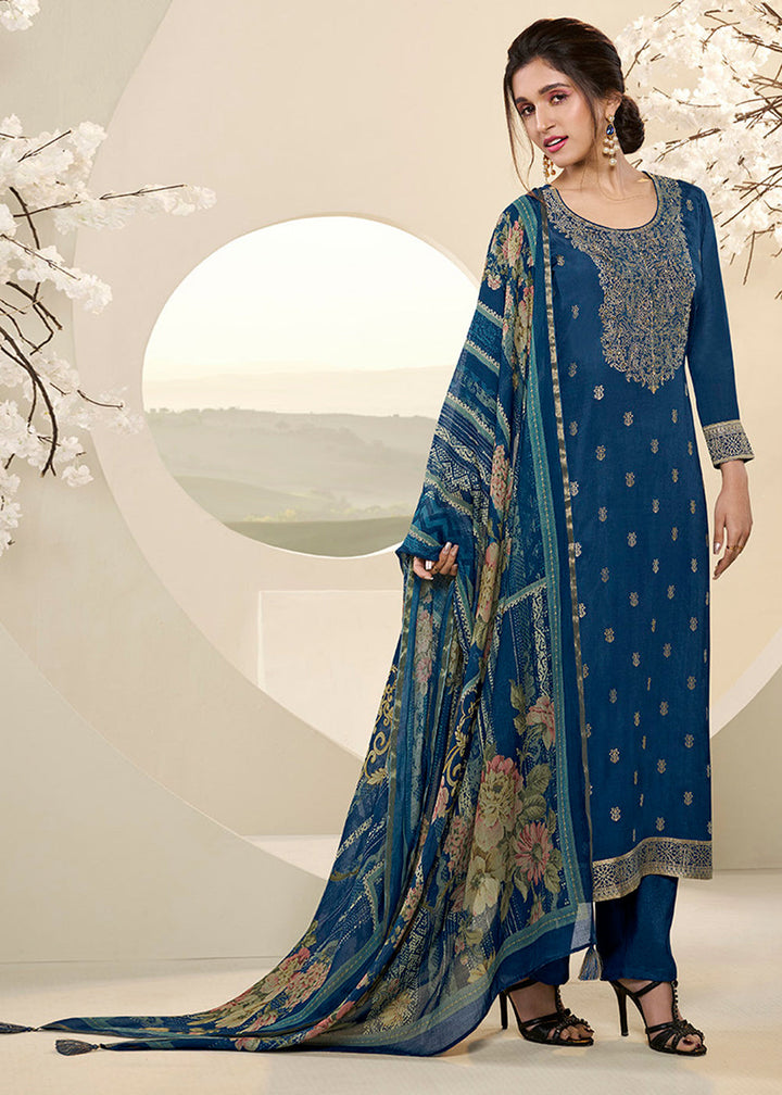 Royal Blue Muslin Jacquard Kurta. Paired with Santoon Straight pants and Muslin Jacquard Abstract Digital Print Dupatta