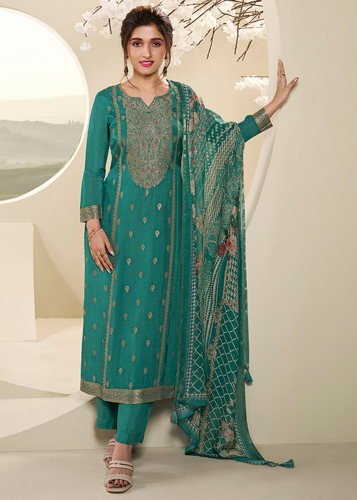 Viridian Green Muslin Jacquard Kurta . Paired with Santoon Straight pants and Muslin Jacquard Abstract Digital Print Dupatta