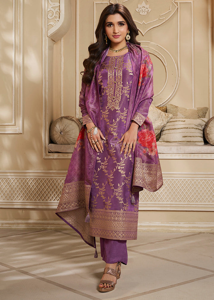 French Purple Tissue Jacquard Top . Paired with Santoon Bottom and Tissue Digital Floral Printed Dupatta