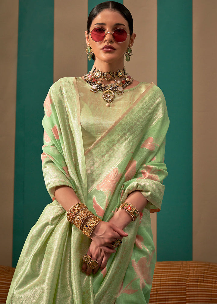 Pastel Green Floral Zari Woven Linen Silk Saree