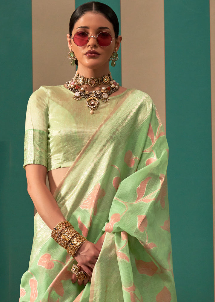 Pastel Green Floral Zari Woven Linen Silk Saree