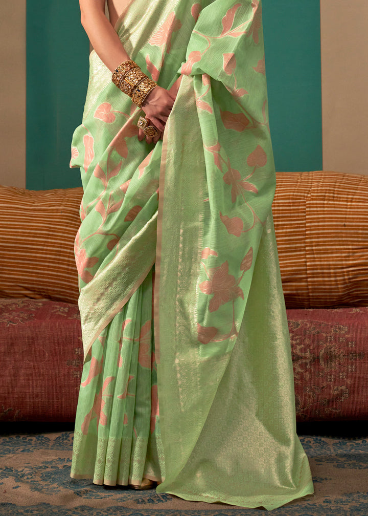 Pastel Green Floral Zari Woven Linen Silk Saree