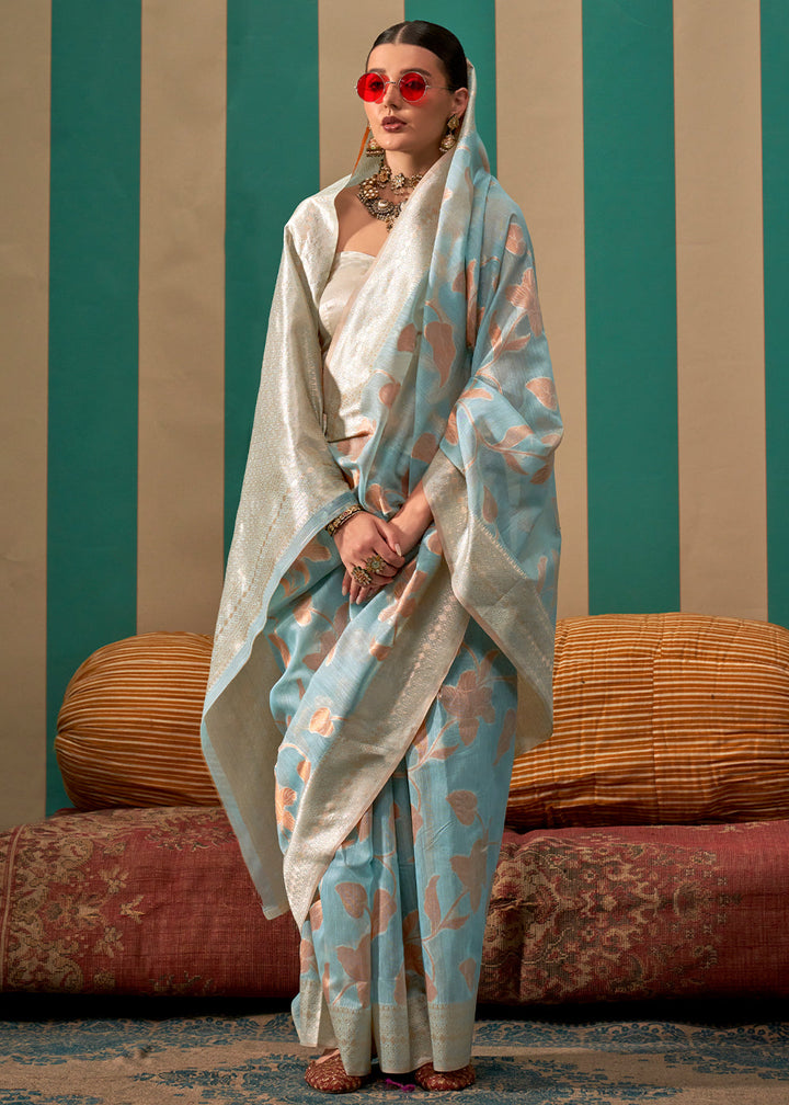 Baby Blue Floral Zari Woven Linen Silk Saree