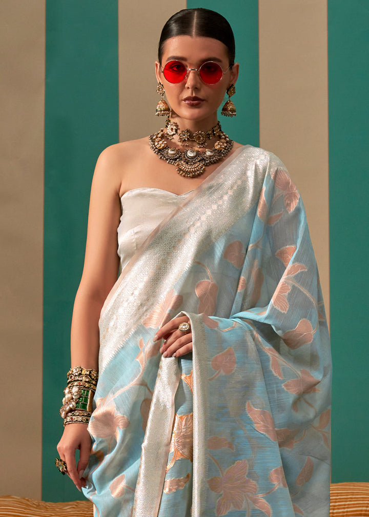 Baby Blue Floral Zari Woven Linen Silk Saree