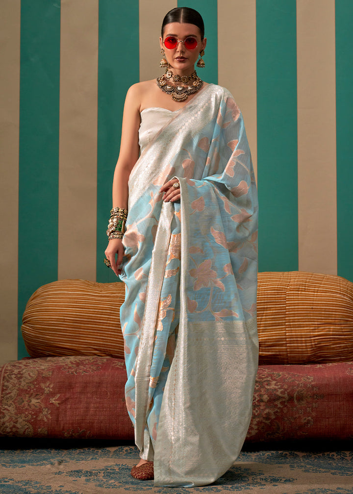 Baby Blue Floral Zari Woven Linen Silk Saree