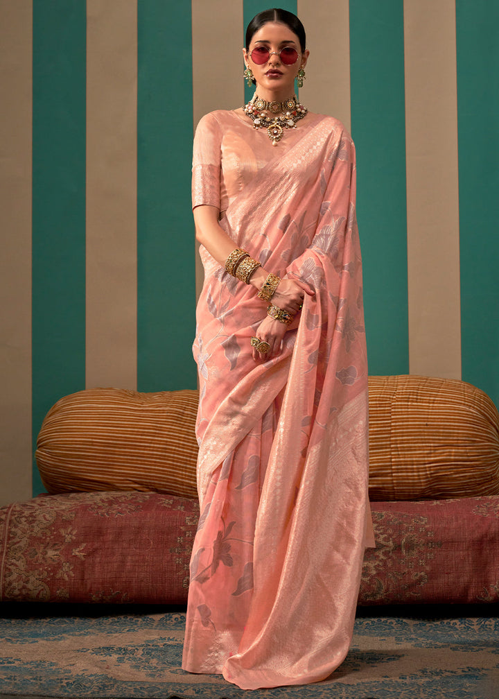 Salmon Pink Floral Zari Woven Linen Silk Saree