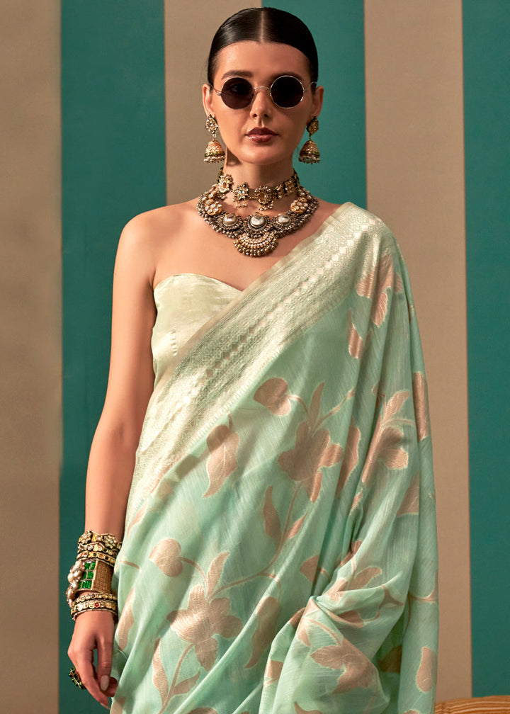 Light Green Floral Zari Woven Linen Silk Saree