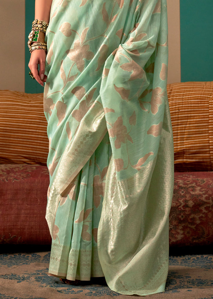 Light Green Floral Zari Woven Linen Silk Saree