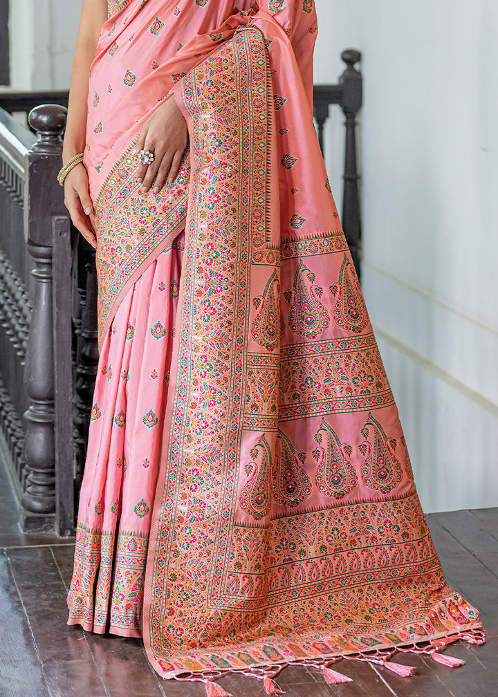 Flamingo Pink Kashmiri Handloom Woven Silk Saree