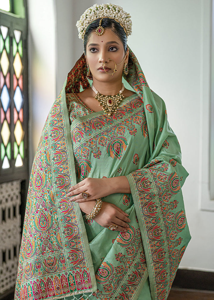 Emerald Green Kashmiri Handloom Woven Silk Saree