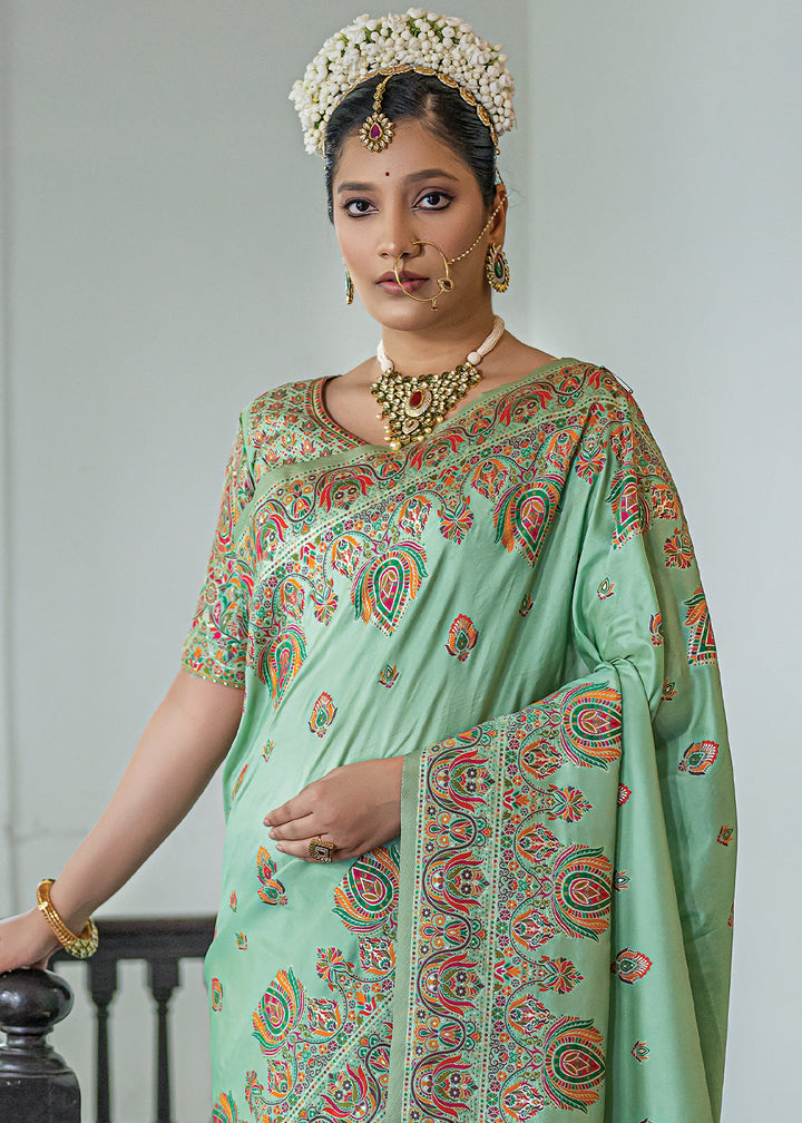 Emerald Green Kashmiri Handloom Woven Silk Saree