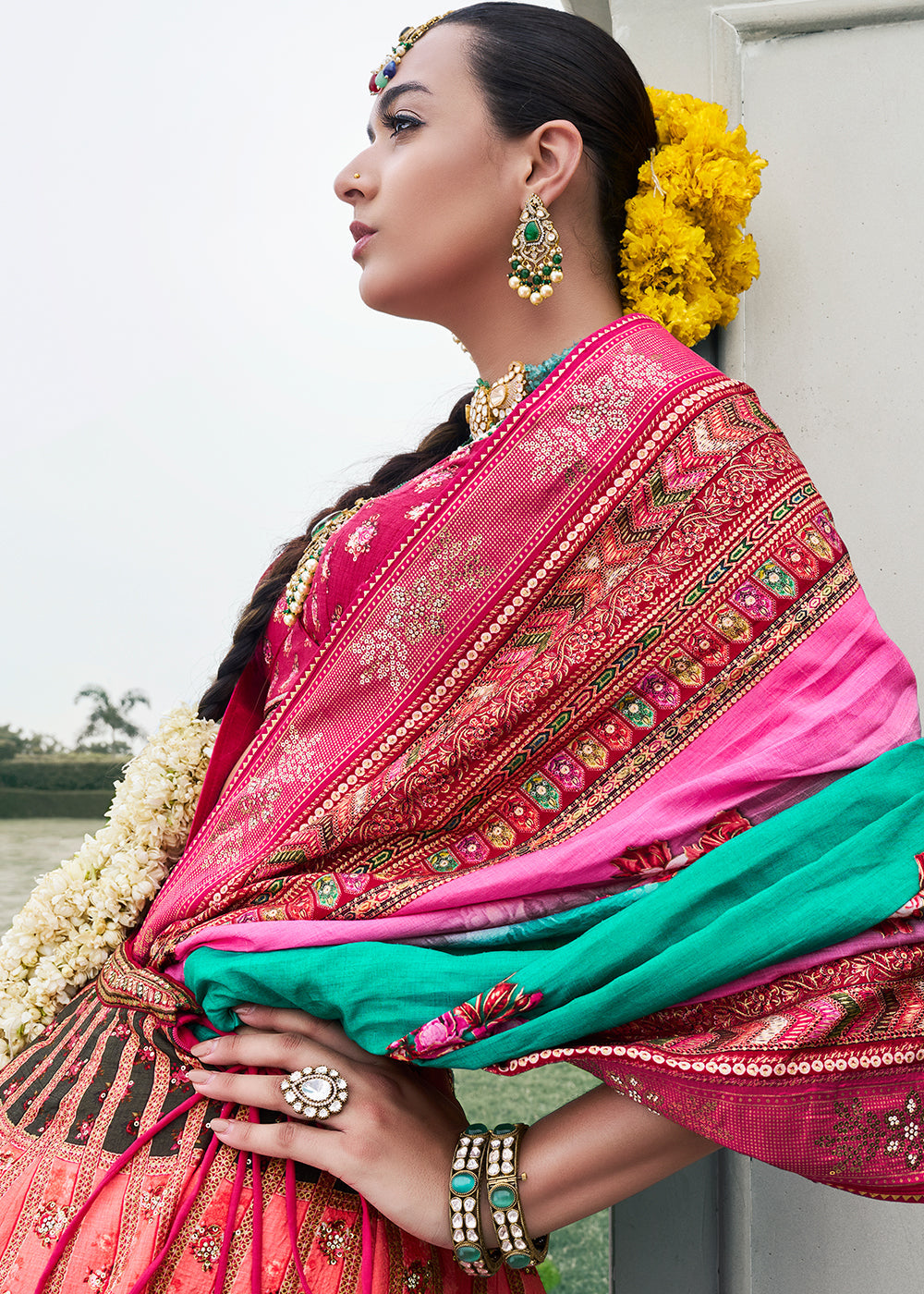 Shades Of Pink & Blue Floral Printed Banarasi Silk lehenga Choli Having Embellishment work