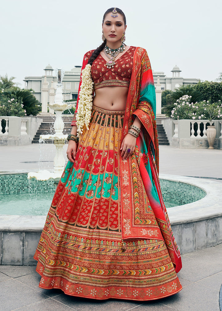 Venetian Red Floral Printed Banarasi Silk lehenga Choli Having Embellishment work