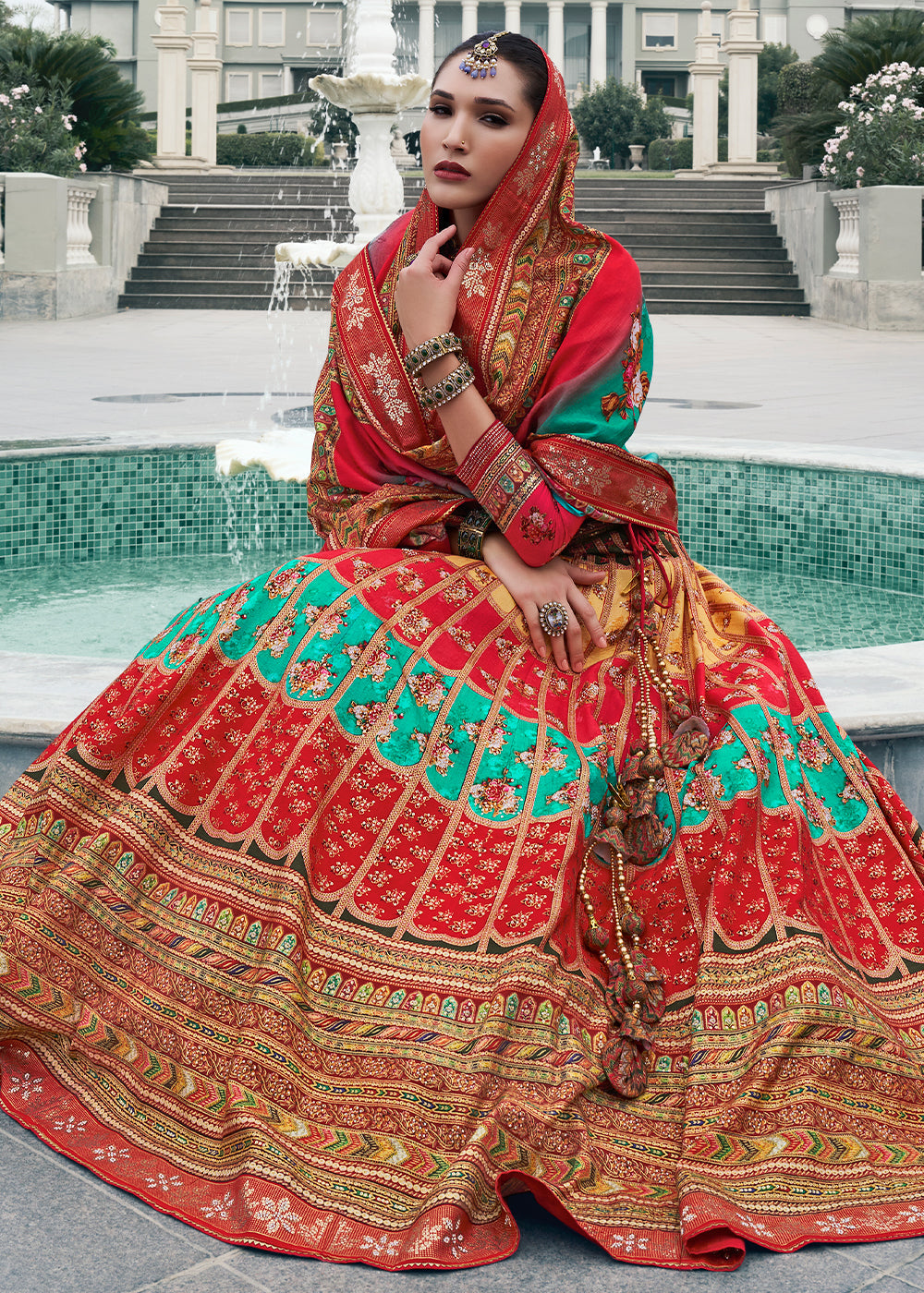 Venetian Red Floral Printed Banarasi Silk lehenga Choli Having Embellishment work