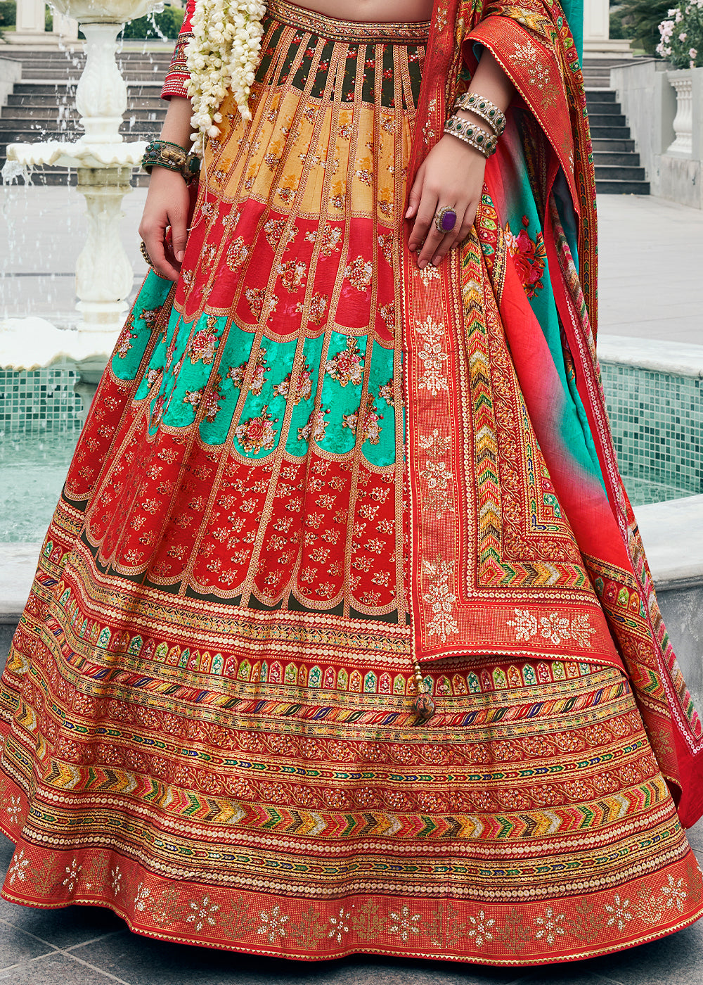 Venetian Red Floral Printed Banarasi Silk lehenga Choli Having Embellishment work