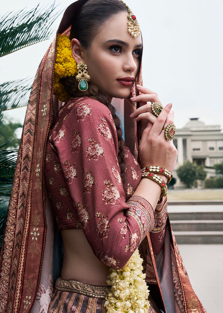 Shades Of Brown Floral Printed Banarasi Silk lehenga Choli Having Embellishment work