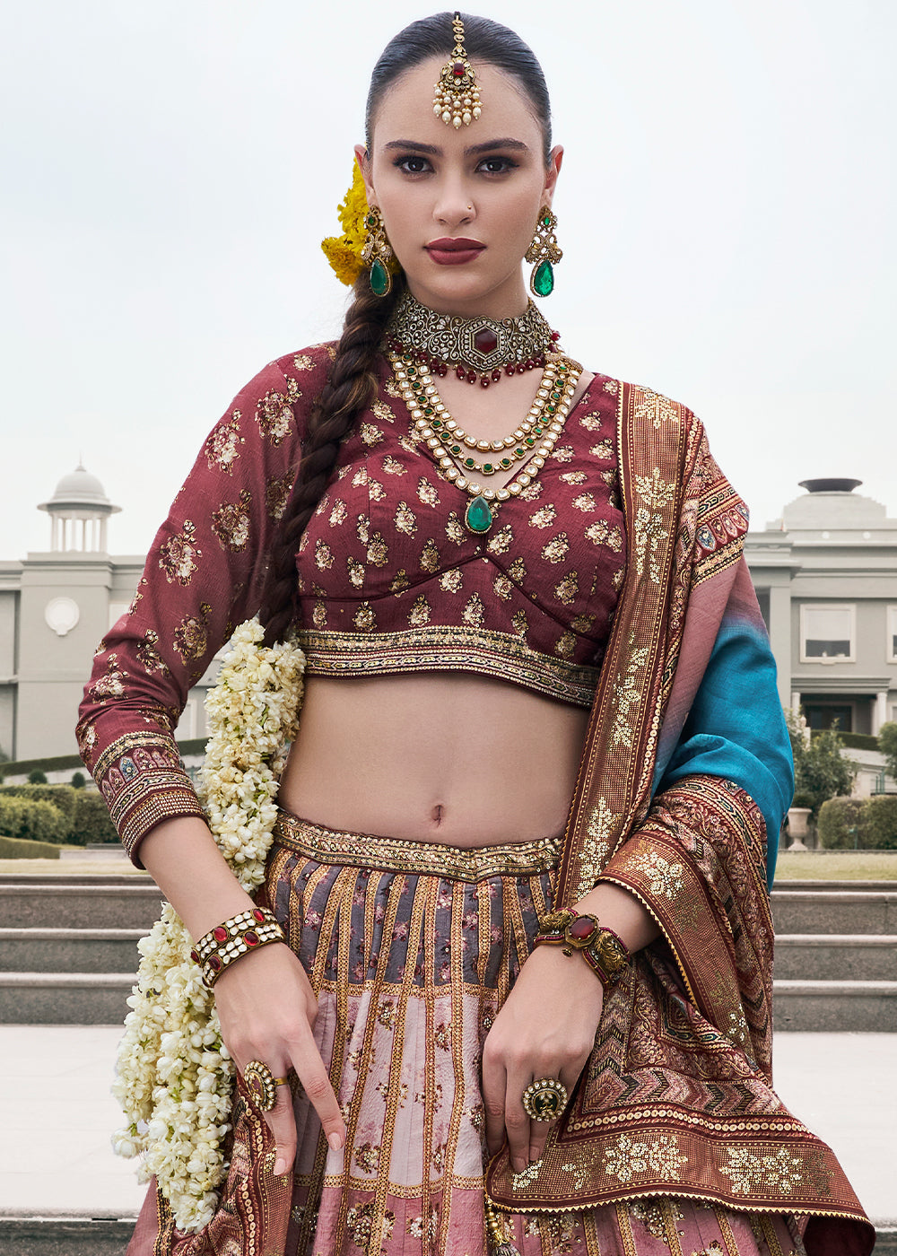 Shades Of Brown Floral Printed Banarasi Silk lehenga Choli Having Embellishment work