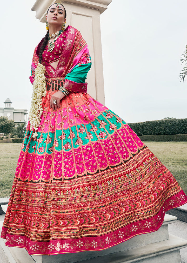 Shades Of Pink & Blue Floral Printed Banarasi Silk lehenga Choli Having Embellishment work