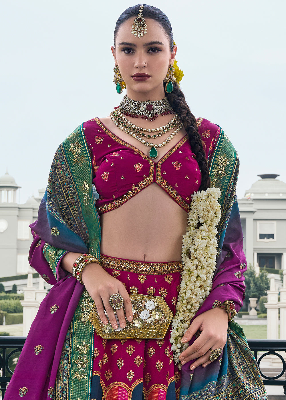 Shades Of Pink Floral Printed Banarasi Silk lehenga Choli Having Embellishment work