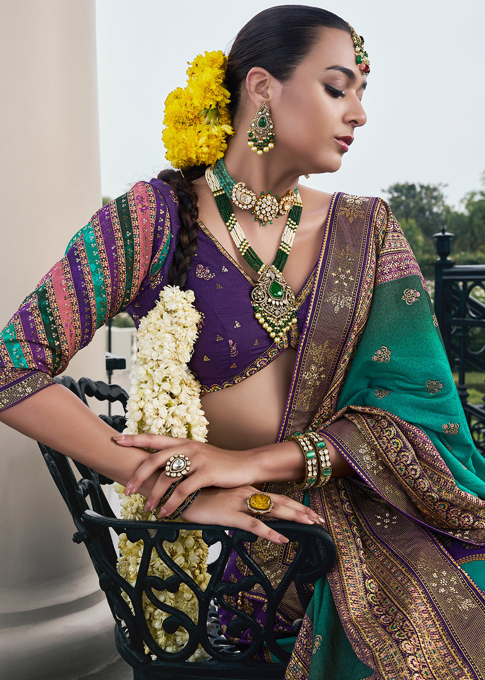 Shades Of Purple & Green Floral Printed Banarasi Silk lehenga Choli Having Embellishment work