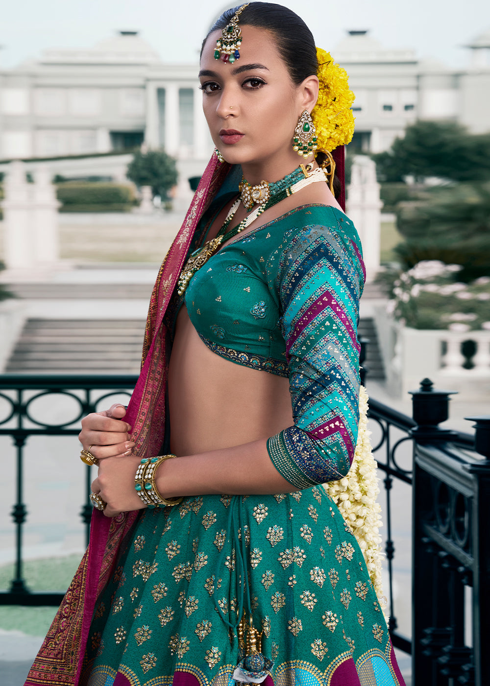 Shades Of Blue & Green Floral Printed Banarasi Silk lehenga Choli Having Embellishment work