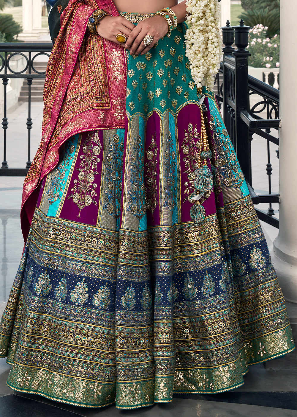 Shades Of Blue & Green Floral Printed Banarasi Silk lehenga Choli Having Embellishment work