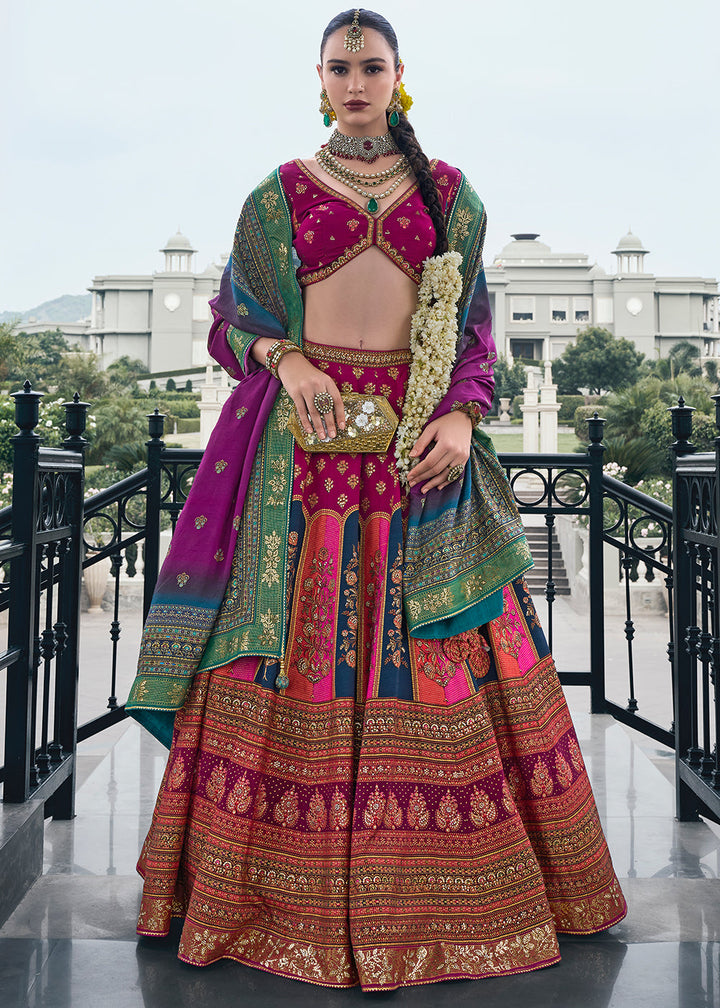 Shades Of Pink Floral Printed Banarasi Silk lehenga Choli Having Embellishment work