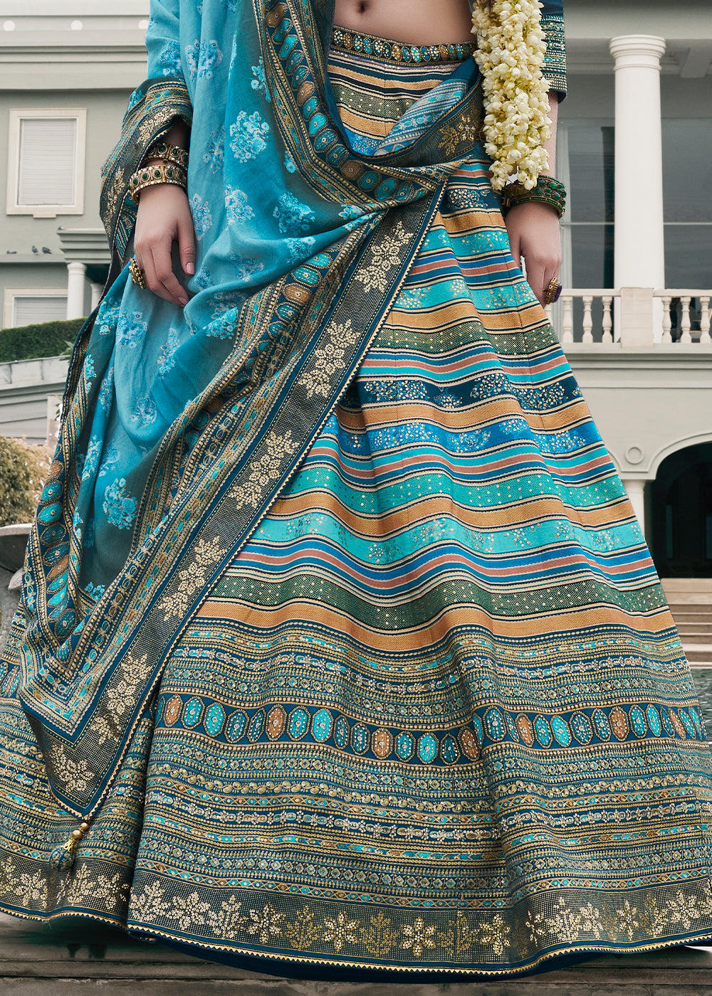 Shades Of Blue Floral Printed Banarasi Silk lehenga Choli Having Embellishment work