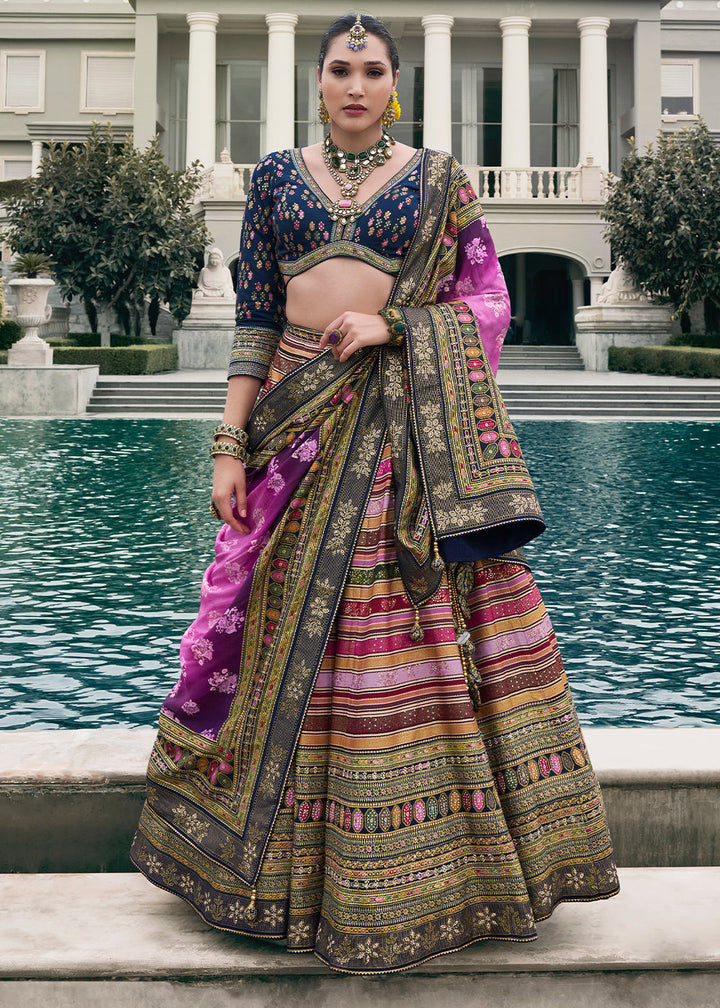 Shades Of Blue & Purple Floral Printed Banarasi Silk lehenga Choli Having Embellishment work