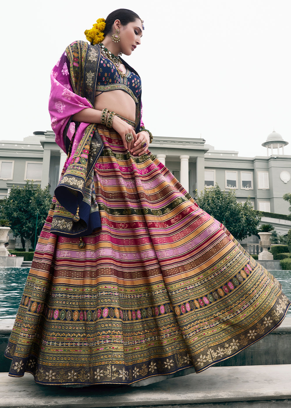 Shades Of Blue & Purple Floral Printed Banarasi Silk lehenga Choli Having Embellishment work