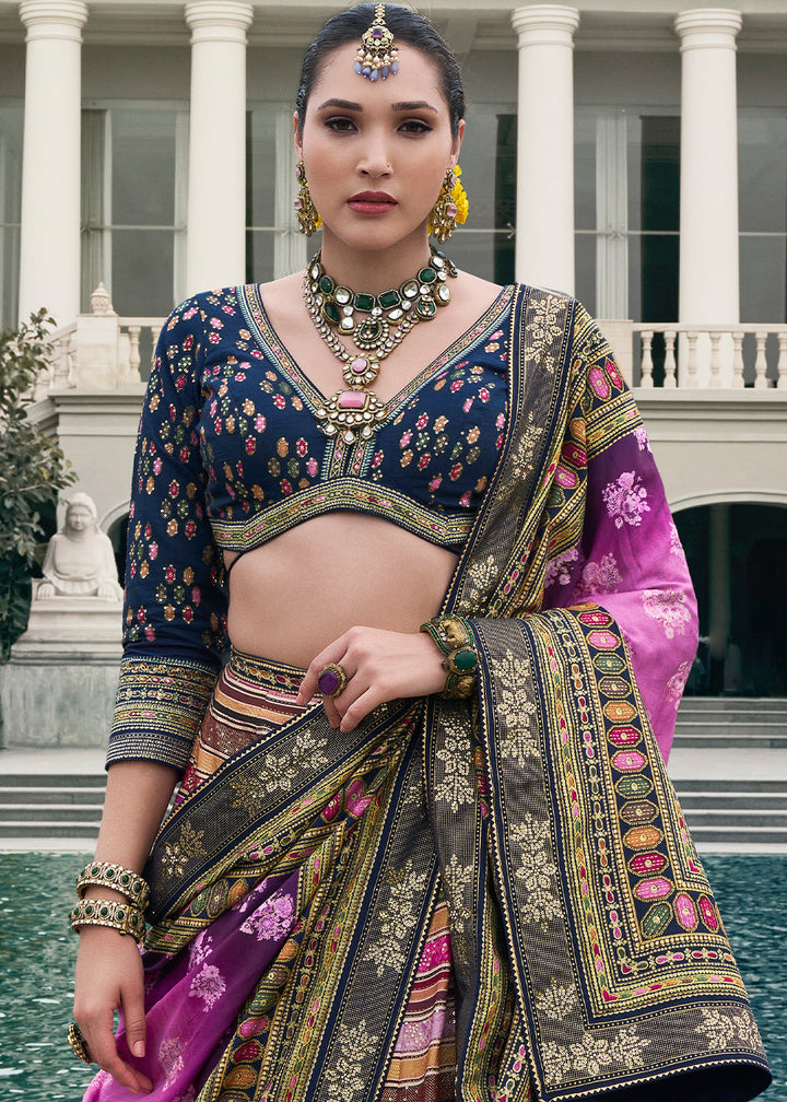 Shades Of Blue & Purple Floral Printed Banarasi Silk lehenga Choli Having Embellishment work