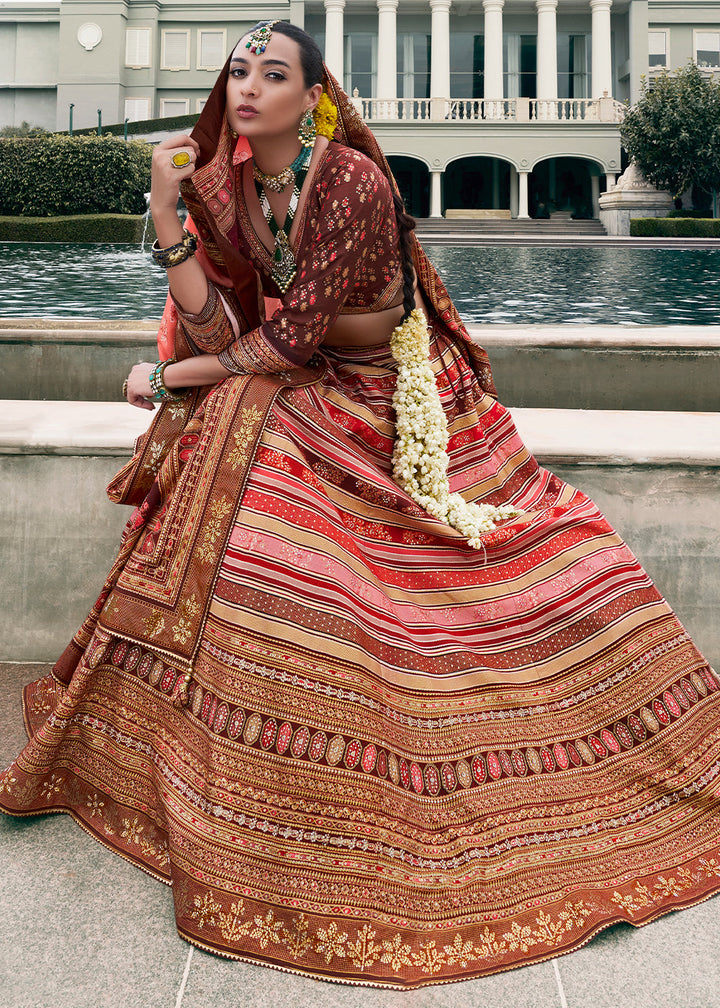 Shades Of Brown Floral Printed Banarasi Silk lehenga Choli Having Embellishment work