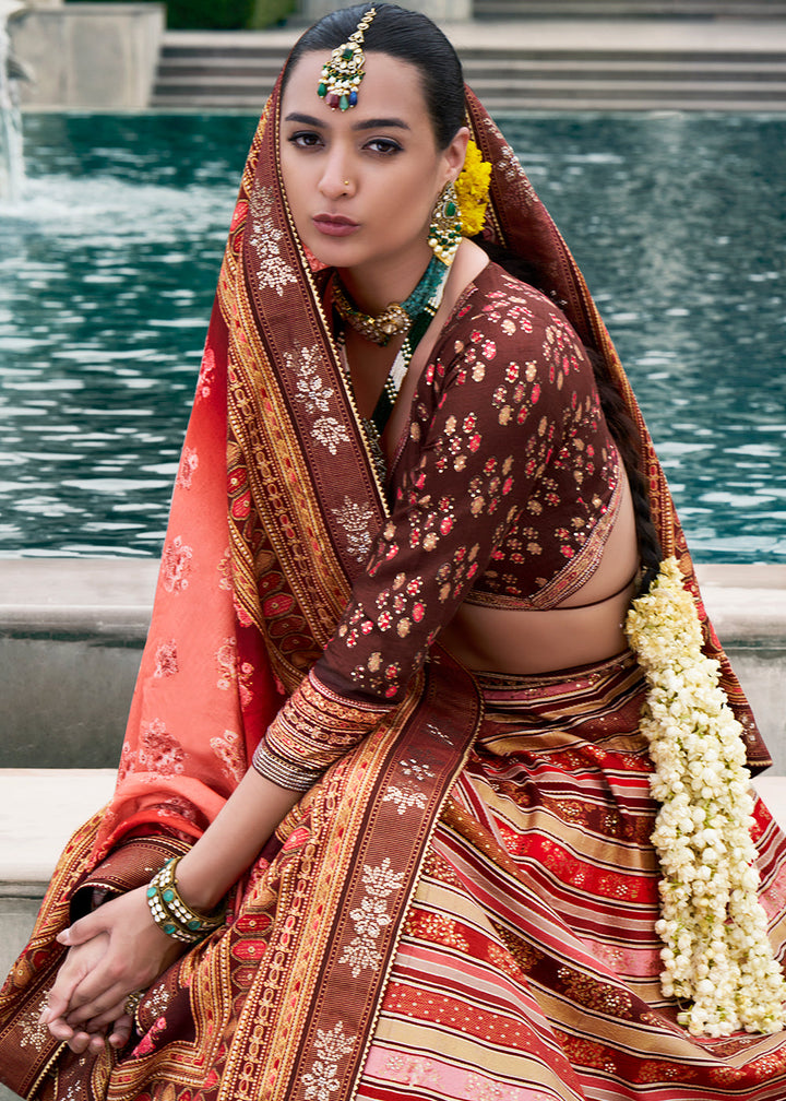 Shades Of Brown Floral Printed Banarasi Silk lehenga Choli Having Embellishment work