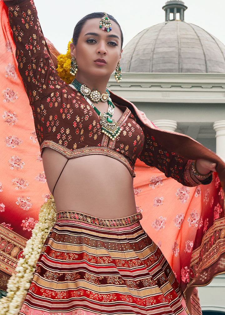 Shades Of Brown Floral Printed Banarasi Silk lehenga Choli Having Embellishment work