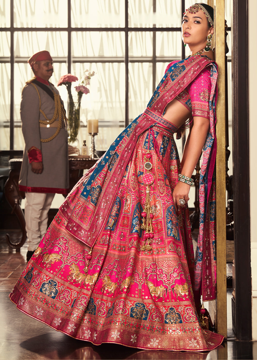 Shades Of Pink & Blue Banarasi Silk lehenga Choli Having Beautiful Embellishment work