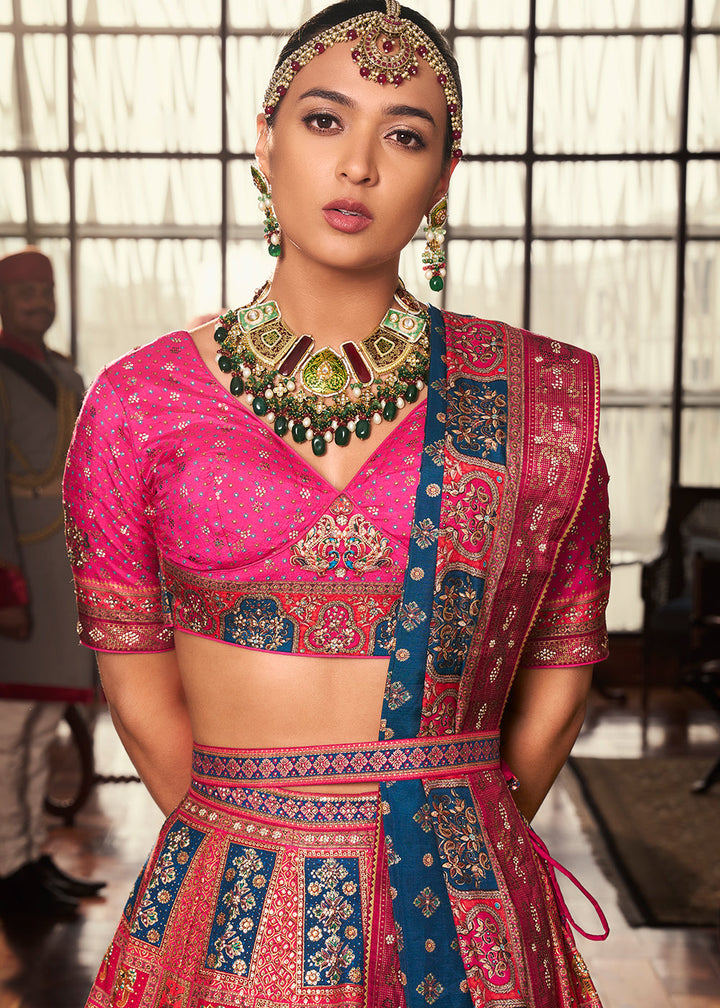 Shades Of Pink & Blue Banarasi Silk lehenga Choli Having Beautiful Embellishment work