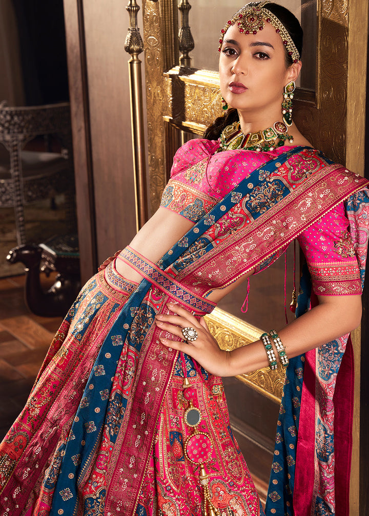 Shades Of Pink & Blue Banarasi Silk lehenga Choli Having Beautiful Embellishment work