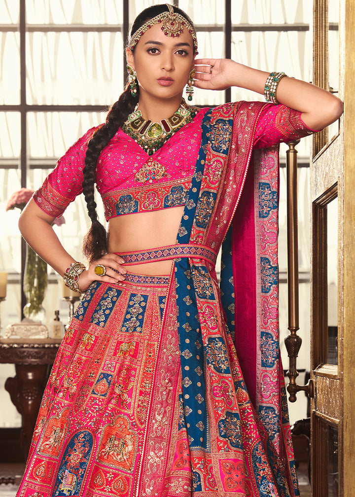 Shades Of Pink & Blue Banarasi Silk lehenga Choli Having Beautiful Embellishment work