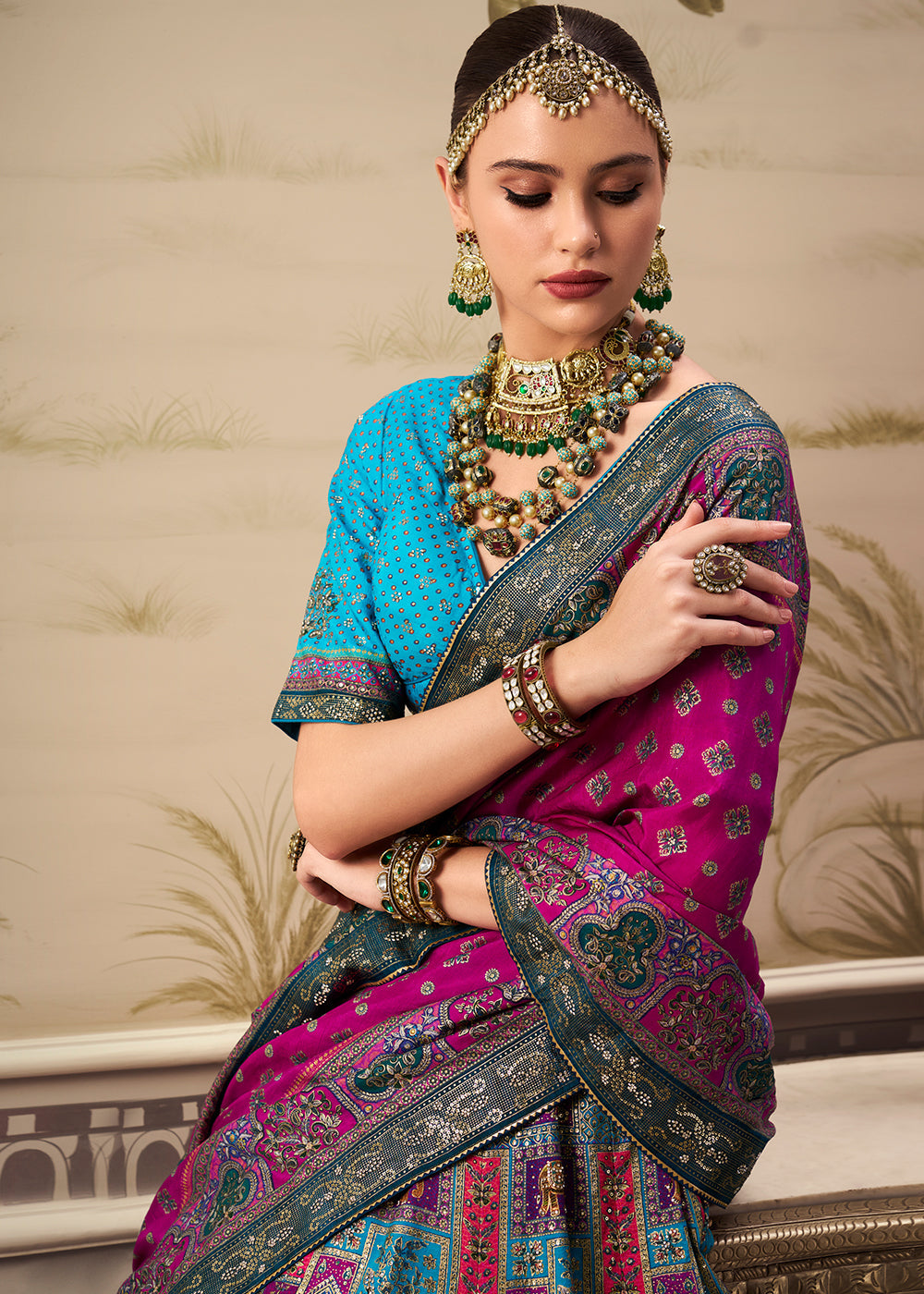 Shades Of Blue & Pink Banarasi Silk lehenga Choli Having Beautiful Embellishment work